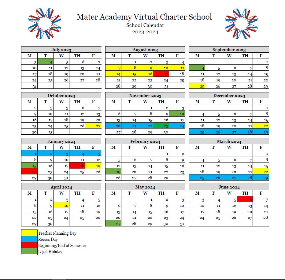 Mater Academy Virtual School Calendar